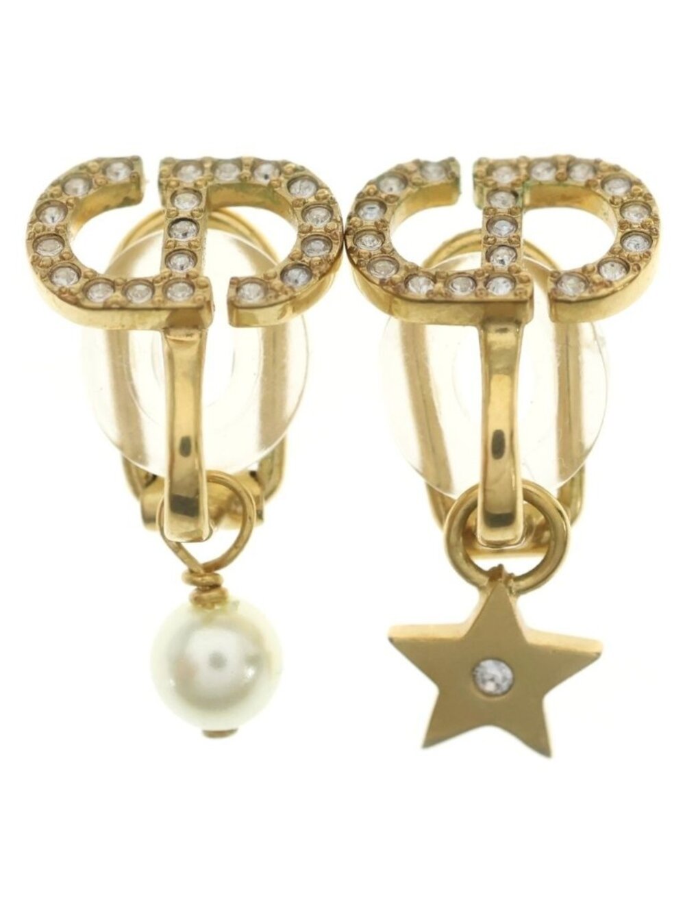 Dior CD Logo Rhinestone Faux Pearl Star Earrings Gold